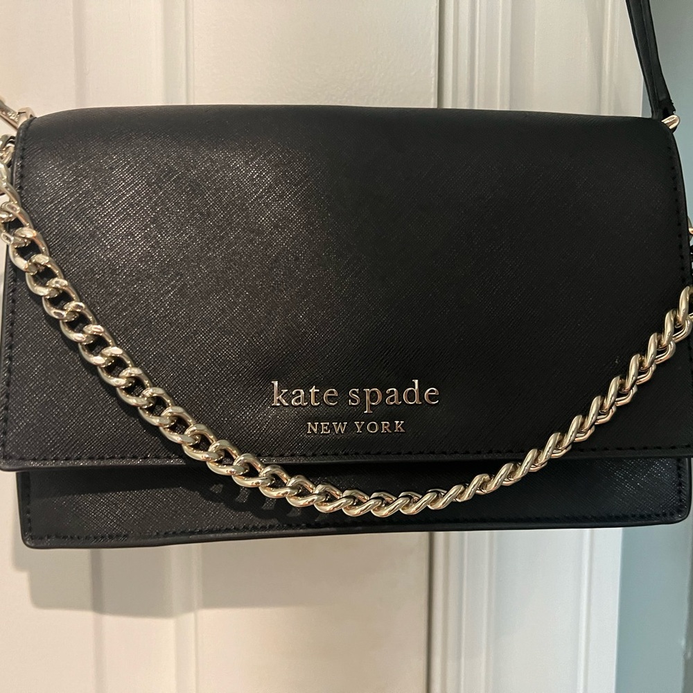 Black Kate spade crossbody purse bag with silver chain detail